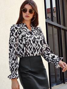 SHEIN Frenchy Allover Print Flare Sleeve Ruffle Trim Notched Neckline Blouse - Black and White - View 8