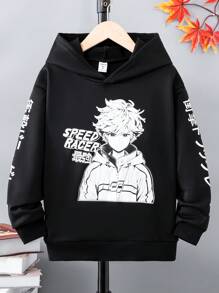 SHEIN 青少年男孩日文字母和数字图案卫衣 - 黑色 - 查看 1