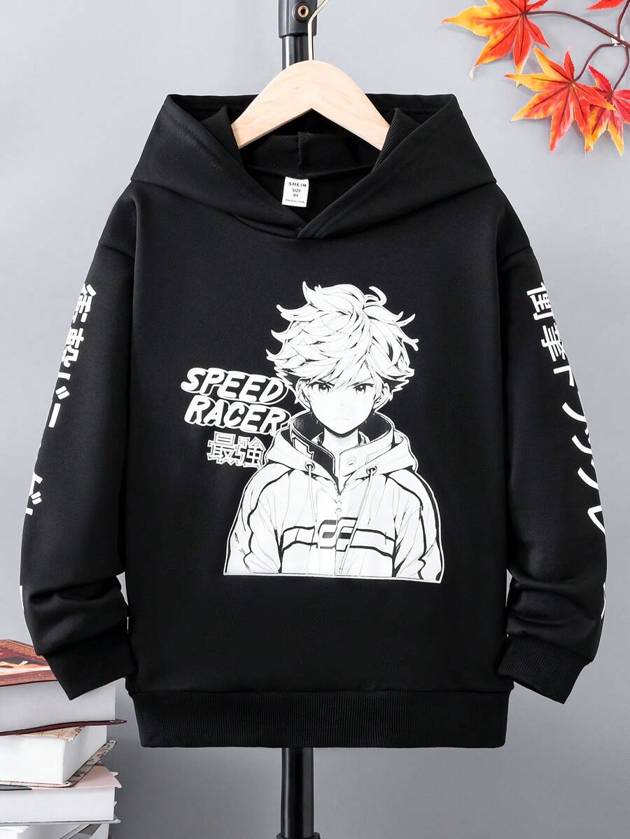 SHEIN 青少年男孩日文字母和数字图案卫衣 - 黑色 - 查看 1