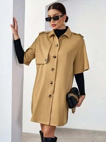 SHEIN Essnce Drop Shoulder Button Front Trench Coat - Khaki - View 5