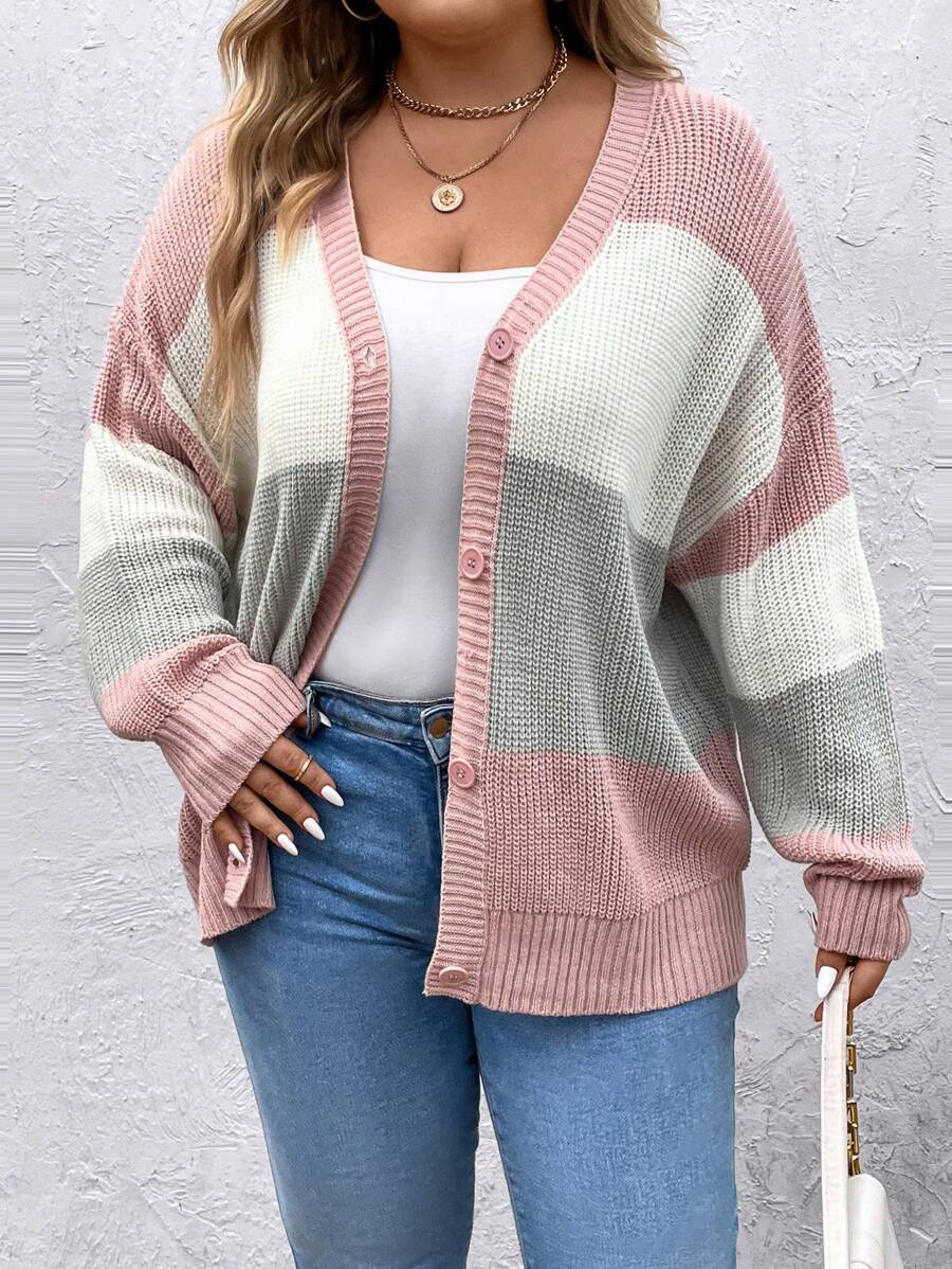 SHEIN LUNE Hơn Khối màu Thả vai Nút phía trước Áo len Mở - Nhiều màu - Xem 1