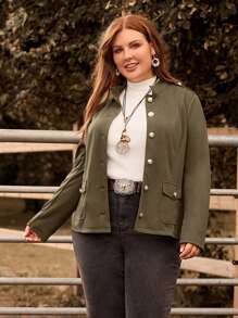 EMERY ROSE 大碼翻蓋口袋前紐扣夾克 - 軍綠色 - 查看 1