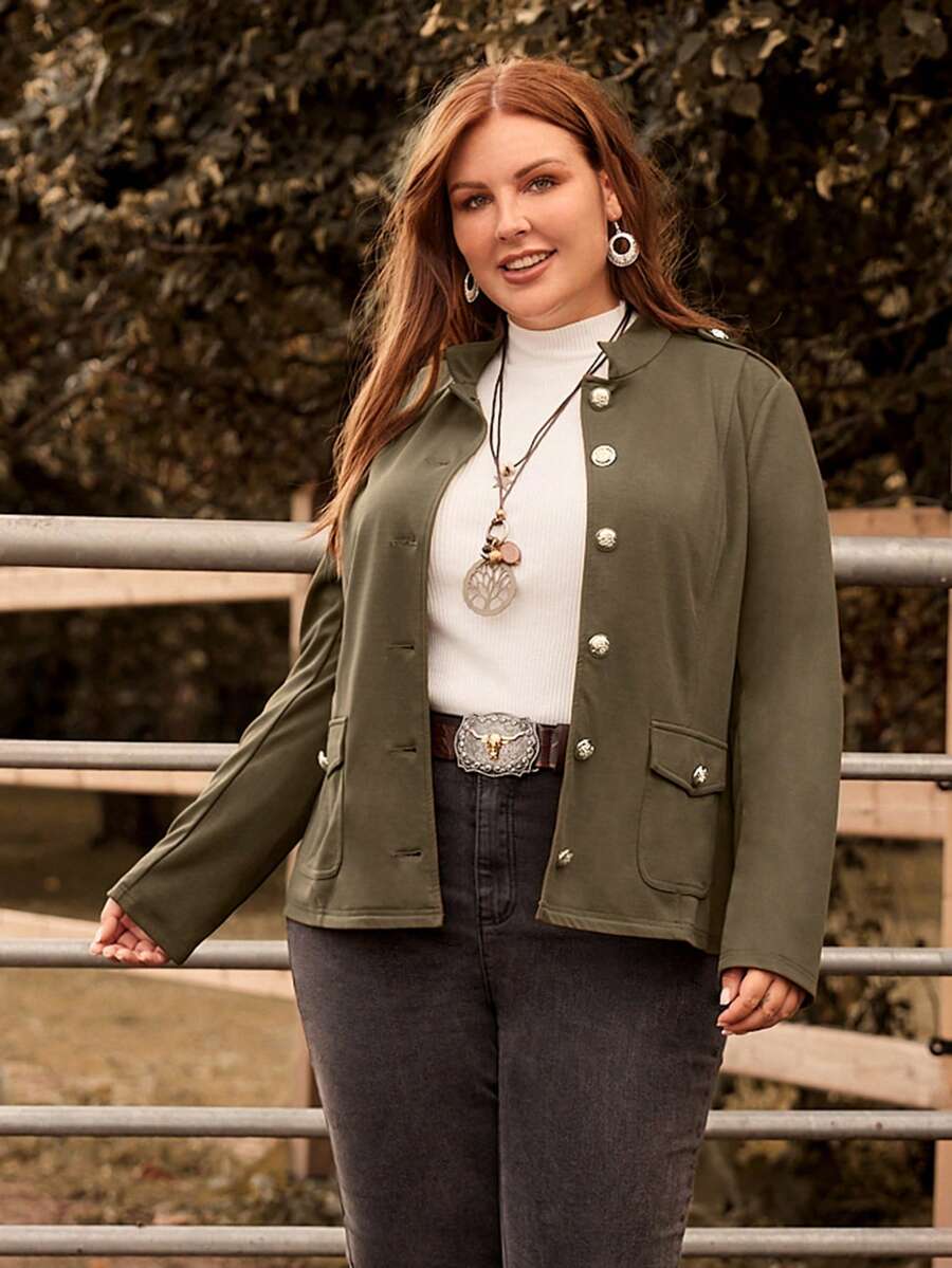 EMERY ROSE 大碼翻蓋口袋前紐扣夾克 - 軍綠色 - 查看 1