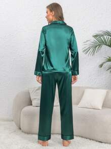 Contrast Piping Satin PJ Set / Pajama Set, Fall Clothes - Green - View 2