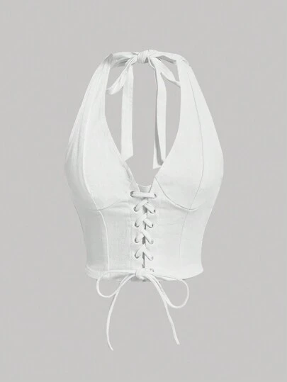 SHEIN MOD Lace Up Front Halter Neck Denim White Summer Eyelet Decorative Straps Top, Vintage