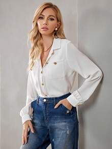 SHEIN BIZwear 補丁口袋前紐扣襯衫 - 白色 - 查看 5