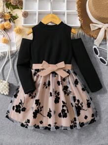 SHEIN Young Girl Floral Pattern Mesh Overlay Cold Shoulder Belted Dress - Multicolor - View 1