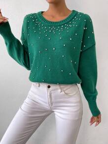 SHEIN Essnce 珍珠串珠落肩袖套頭毛衣 - 軍綠色 - 查看 6