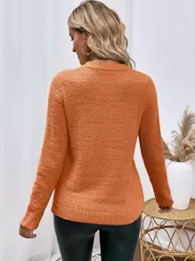 SHEIN Clasi Suéter de cuello redondo de punto sólido para otoño e invierno - Óxido marrón - Ver 2