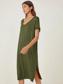 SHEIN BASICS Vestido estilo camiseta unicolor bajo con abertura - Verde militar - Ver 5