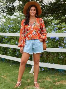 SHEIN VCAY Cộng với áo sơ mi tay đèn lồng in hoa - Nhiều màu - Xem 5