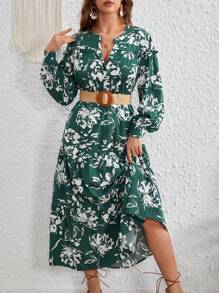 SHEIN VCAY Vestido con estampado floral de cuello notch bajo con fruncido sin cinturón - Verde - Ver 4
