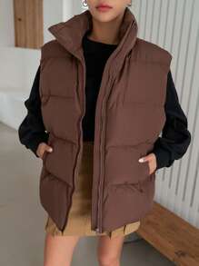 DAZY 拉链斜口袋背心加厚口袋外套，冬季女式加厚外套夹克 - 咖啡棕 - 查看 9