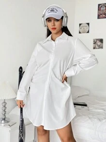 SHEIN EZwear Plus Ruched Button Front Shirt Dress - White - View 5