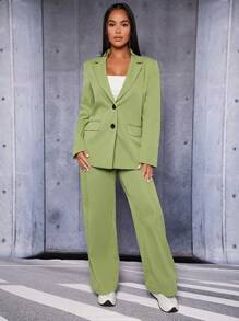 SHEIN PETITE Chất rắn Cổ áo Áo vest & Quần ống rộng - Màu xanh Bạc hà - Xem 5