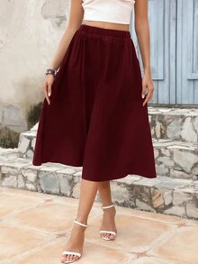Solid Slant Pocket Flare Skirt - Burgundy - View 3