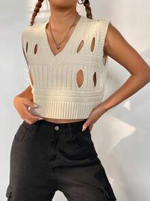 SHEIN Unity Cắt ra Áo len vest Không có áo lót - Màu be - Xem 5