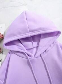 SHEIN EZwear 山和字母圖案袋鼠口袋抽繩保暖連帽衫 - 紫色 - 查看 5