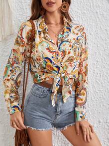 SHEIN VCAY 植物圖案前紐扣襯衫 - 彩色 - 查看 1