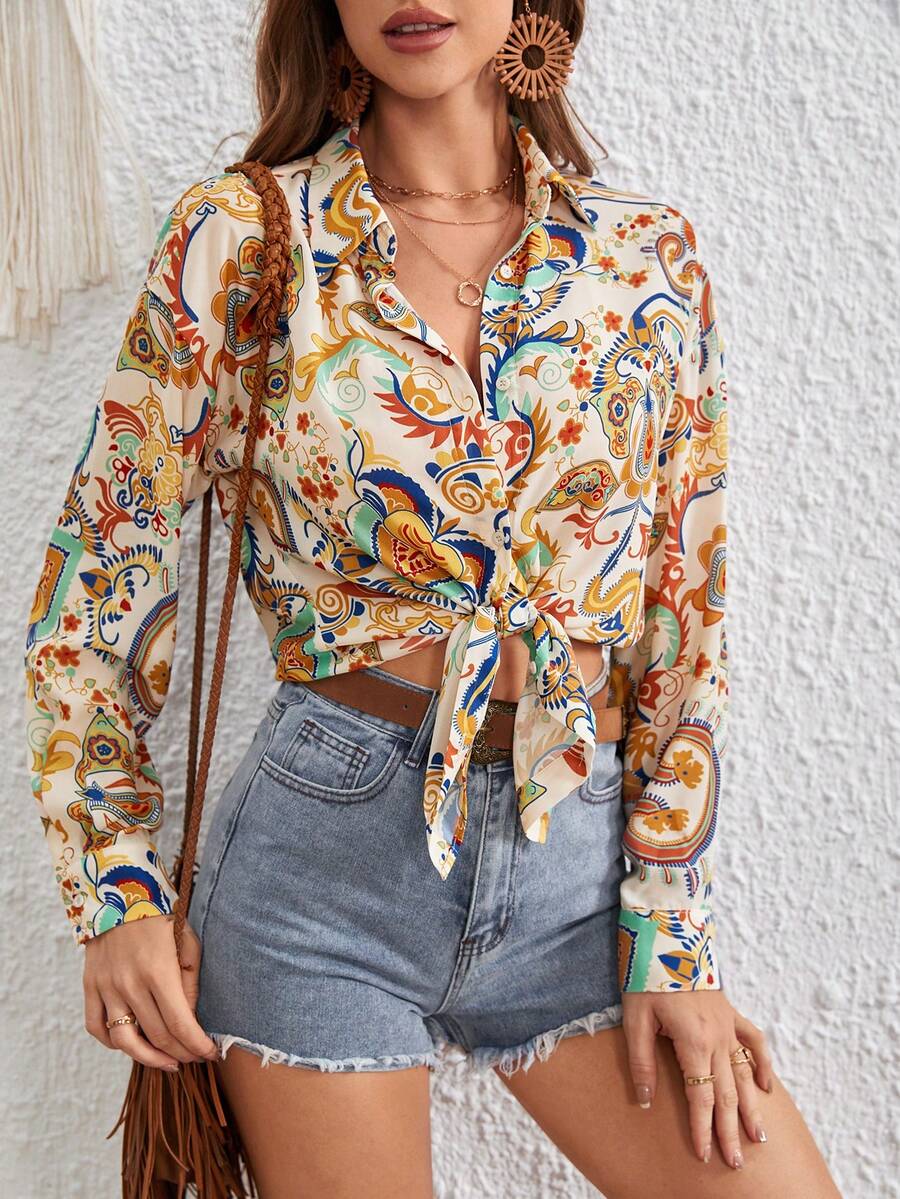 SHEIN VCAY 植物圖案前紐扣襯衫 - 彩色 - 查看 1