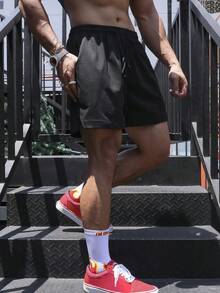 Manfinity Sport Corelite 男士纯色抽绳腰运动短裤慢跑短裤运动裤黑色短裤 - 黑色 - 查看 3