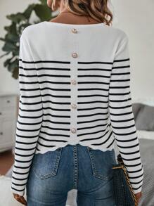 SHEIN LUNE Striped Pattern Scallop Trim Sweater,Long Sleeve Tops Knit Pullover Fall Winter Sweater - Black and White - View 1