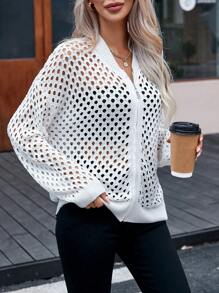 SHEIN Essnce Hollow Out Zip Up Drop Shoulder Bomber Jacket - Beige - View 1