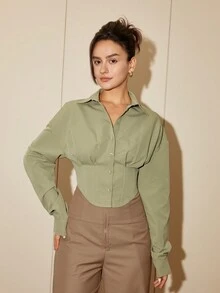 女士纯色长袖收腰优雅衬衫，休闲开衫，春秋季女装，商务休闲，开斋节服装 - 薄荷綠 - 查看 6