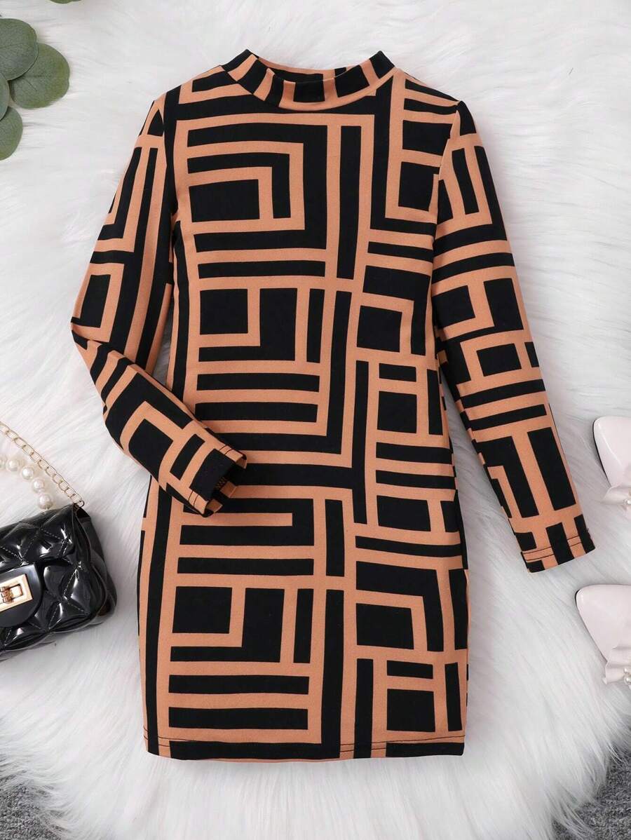 SHEIN Młoda dziewczyna Geo Print Zabudowany dekolt Sukienki Bez torby