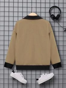 SHEIN Tween Boy 1pc Contrast Collar Drop Shoulder Thermal Lined Button Front Overcoat - Brown - View 2