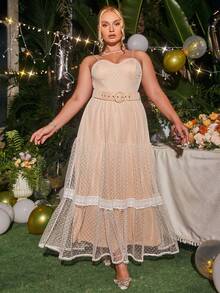 Glamaker 大碼蕾絲拼接荷葉邊網紗吊帶洋裝 - 淺粉色 - 查看 4