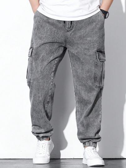 Manfinity Homme Men Plus Flap Pocket Side Cargo Jeans Baggy Long Washed Drawstring Jean Plain Light Grey Going Out Street Wear Size Going Out Urban Street Work Sport