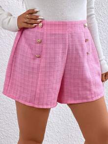 Celure 大碼假鈕扣粗花呢短褲 - 玫紅色 - 查看 3