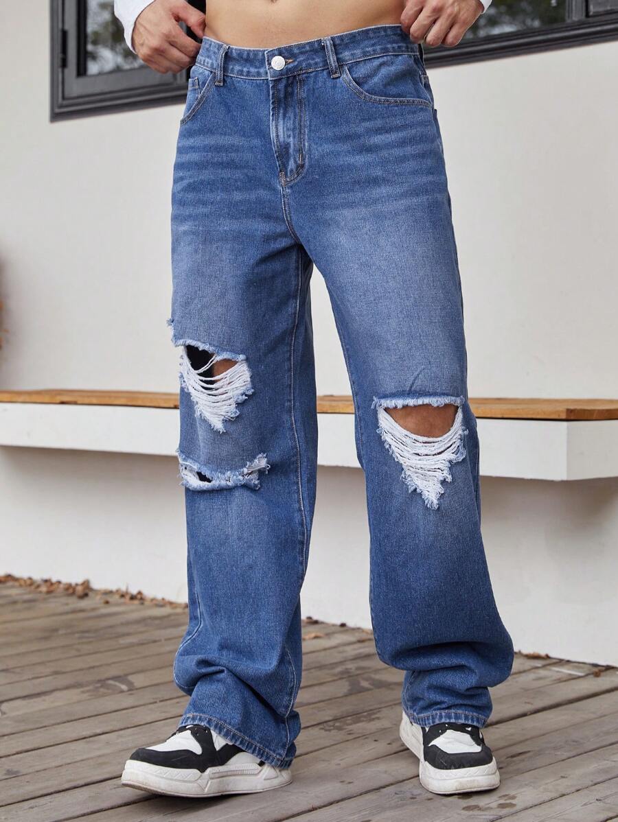 Manfinity EMRG 男士破洞直筒牛仔褲 - 中等水洗藍 - 查看 1