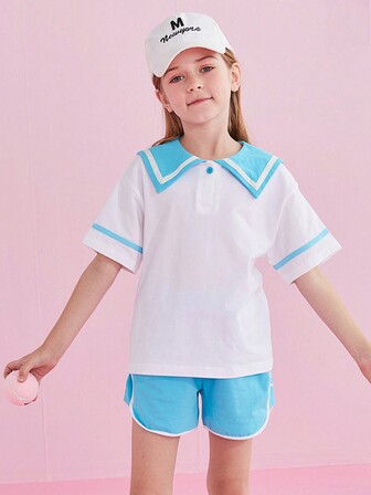 ティーンガール セーラーカラー Tシャツ & コントラストバインディング ショートパンツ