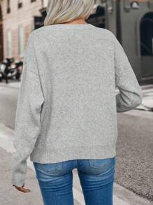 Chiquease Solid Drop Shoulder Sweater,Long Sleeve Tops Knit Pullover Fall Winter Outfit - Light Grey - View 2