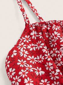 SHEIN VCAY Hoa Lộn xộn Cà vạt vai Váy Dây - Đỏ - Xem 3