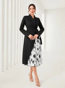 Modelyn Floral Print Shawl Collar Knot Side Wrap Dress - Black - View 4