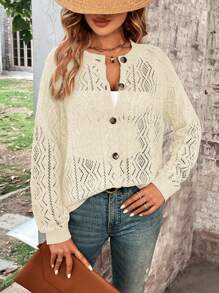 SHEIN LUNE Nút phía trước Áo len Mở Without Tee - Màu be - Xem 3