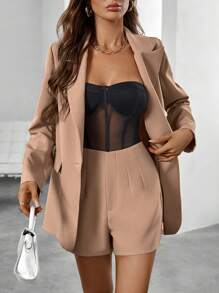 SHEIN Privé 西裝領單釦西裝外套&短褲 - 卡其色 - 查看 1