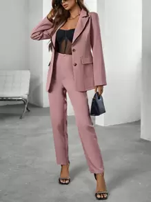 SHEIN Essnce Lapel Neck Single Breasted Blazer & Pants - Pink - View 1
