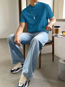 GENTILAND Homme T-shirt Unicolore À Col Montant - Vert - Voir 5