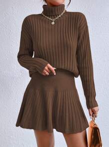 SHEIN Privé Áo cao cổ Thả vai Sweater & Knit Skirt - Màu nâu Sô-cô-la - Xem 6