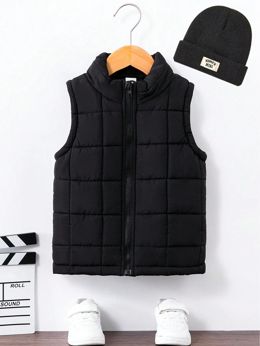 SHEIN Young Boy Zip Up Sleeveless Padded Coat - Black - View 1