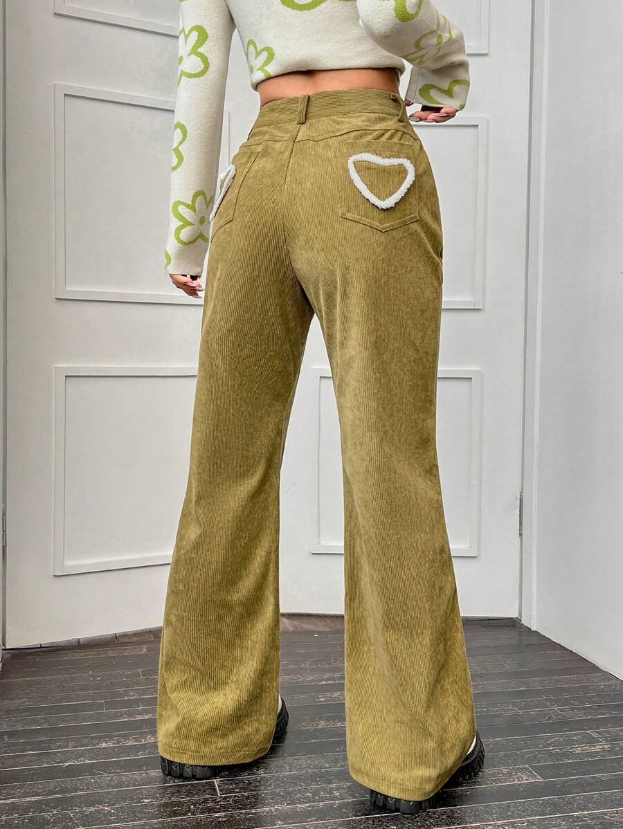 SHEIN Qutie Heart Print Flare Leg Pants - Olive Green - View 1