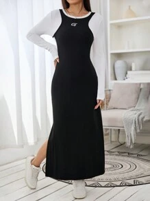 SHEIN EZwear 女士时尚通勤撞色拼接连衣裙 - 黑與白 - 查看 3