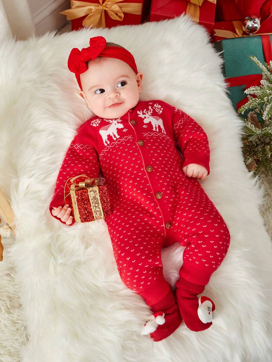 SHEIN Baby Boy Christmas Elk Pattern Knit Jumpsuit - Red - View 1