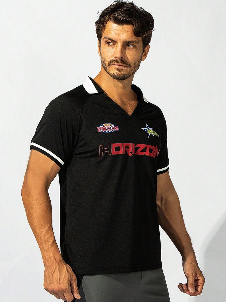 Men Letter Graphic Contrast Trim Sport Polo Shirt Workout Tops Golf Shirt