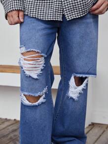 Manfinity EMRG 男士破洞直筒牛仔褲 - 中等水洗藍 - 查看 6