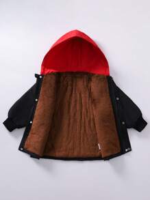 男童 1 件装 撞色边饰泰迪熊衬里连帽加厚外套 - 黑色 - 查看 3